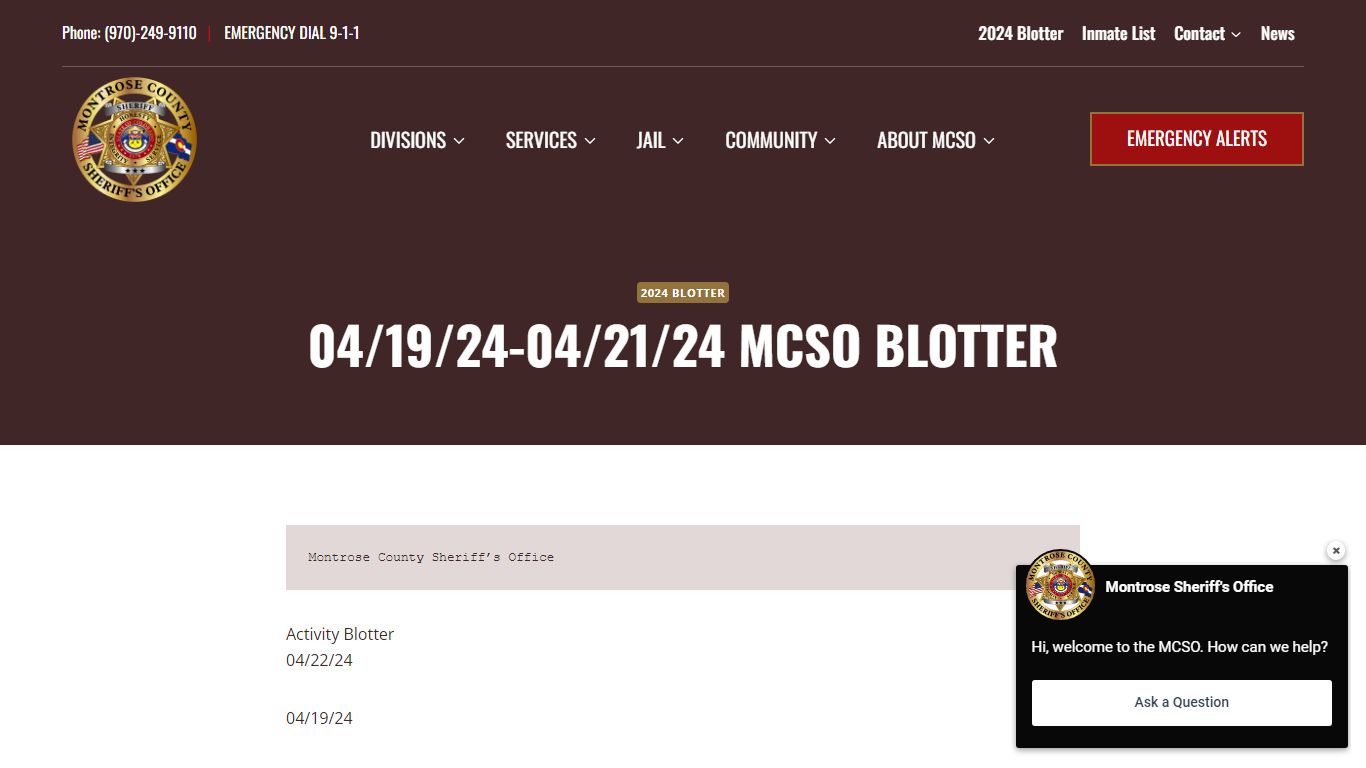 04/19/24-04/21/24 MCSO Blotter - Montrose County Sheriff's Office